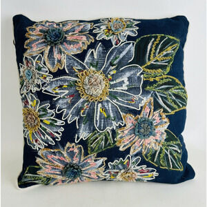 Pier 1 Imports Embroidered Floral Throw Pillow Boho Removable Cover Blue Decor